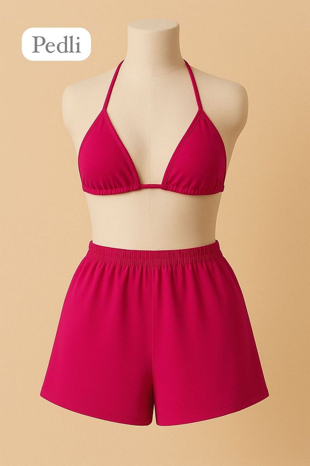Kadın FUŞYA Yandan Ve Boyundan Şort Bağlamalı Tangalı Üçgen Bikini Gecelik Deniz Takımı - 2