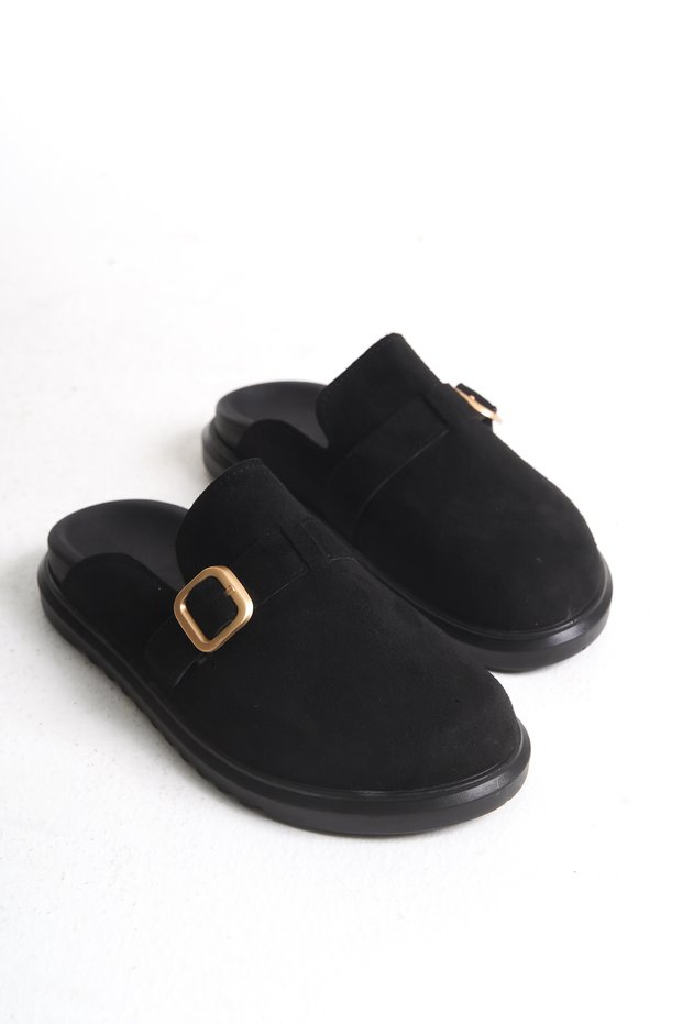 Eva Sterling Black Women's Orthopedic Slippers Closed Front with Stainless Buckle Non-Slip Suede Sabo Home and Outdoor