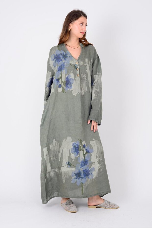 72230 SPRING SPLASH ÇİÇEK DESEN KETEN ELBİSE - 1