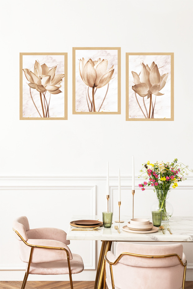 🌸 Zarafetin Yeni Yüzü: Sepya Lotus Çiçekleri Temalı 3’lü Çerçeve Görünümlü Tablo Seti 🌸 CRVS1147 - 4