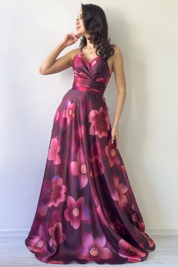 Women's Floral Strap Back Low-Cut Long Evening Dress Cobalt Blue, Purple, Burgundy
