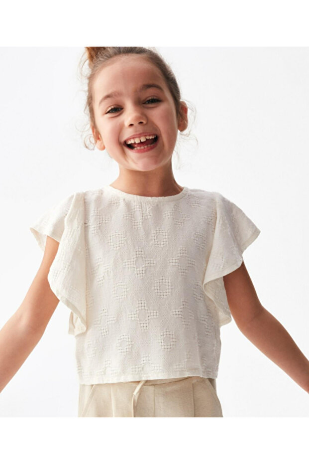 Girl's Ruffled Sleeve Embroidered Blouse 36525 Cream