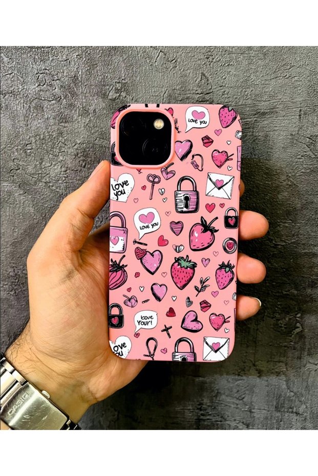 iPhone 15 Compatible Heart Strawberry Doodle D Patterned Pink Case