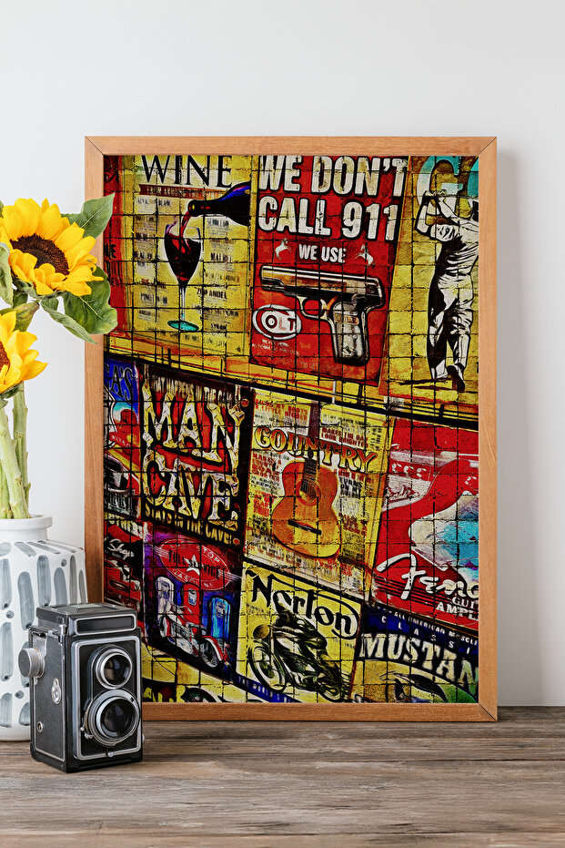 One Piece Real Raw Wooden Framed Popart Mosaic Striped Table - Model 13