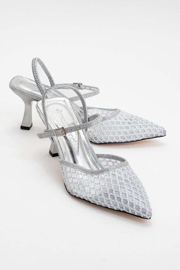 Women's Mesh Heeled Shoes with Elastic Back Silver