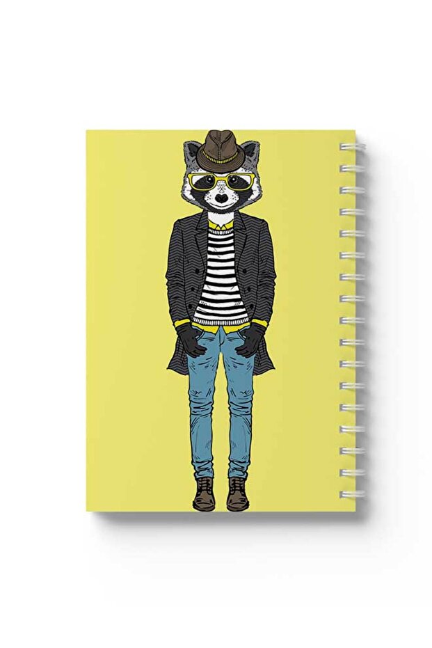 Spiral Notebook with Front and Back Hard Covers Featuring Racoon with Glasses Design
