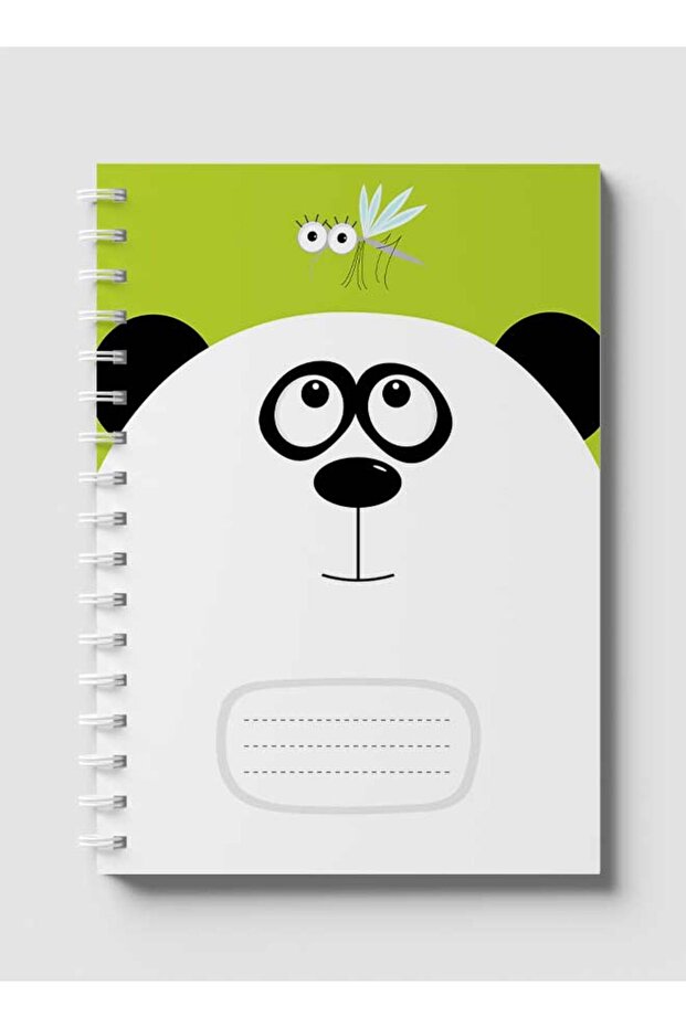 Spiral Notebook with Front and Back Hard Covers Featuring Cartoon Panda & Misquito Design
