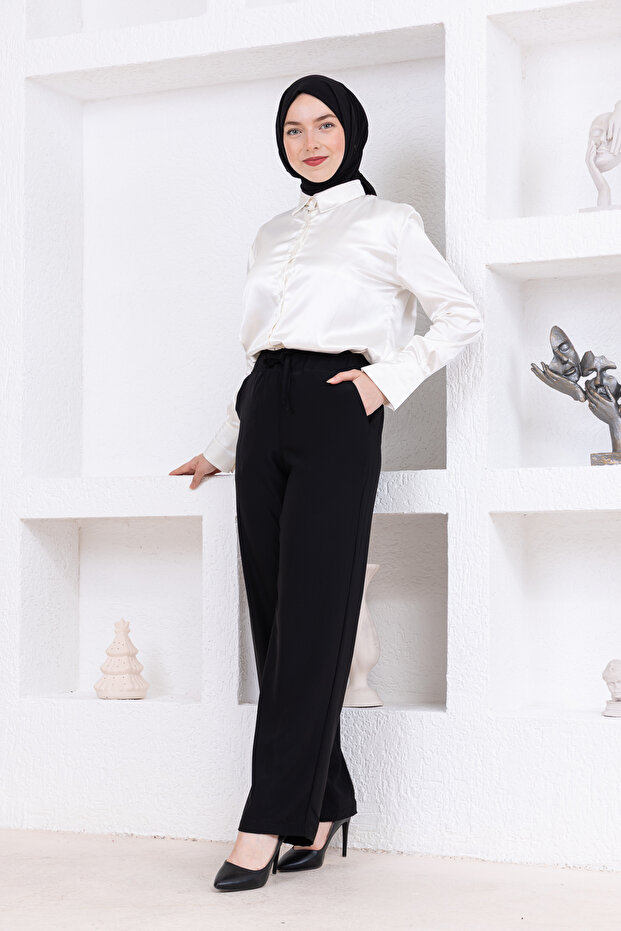 Linen pants with elastic waist and pockets - 1