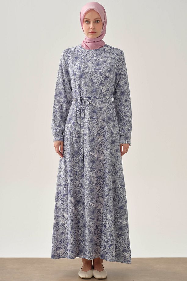 Multi Çiçek Desenli Elbise - İndigo - 5