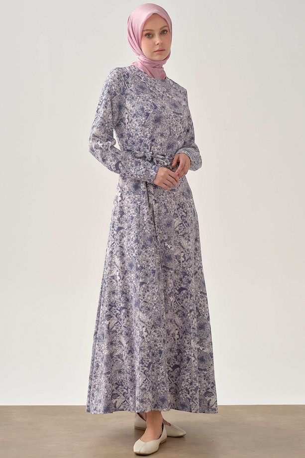 Multi Çiçek Desenli Elbise - İndigo - 1