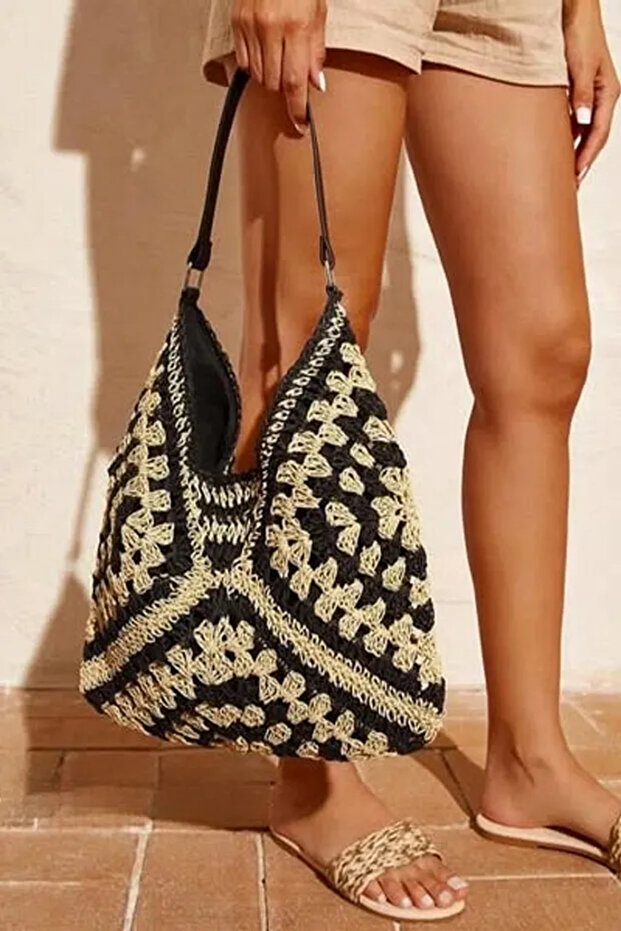 Butterfly Model Strap Strap Lined Beachwear Seaside Vacation Straw Shoulder Bag with Snap Fasteners Inside