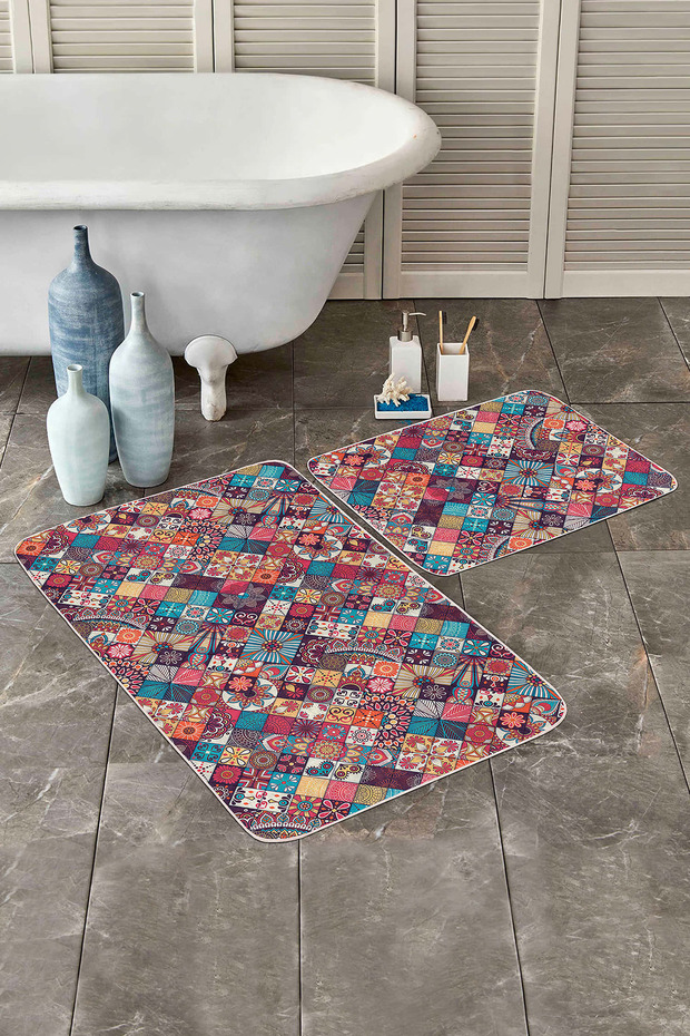 Multicolored Ethnic Patchwork Patterned 2-Piece Non-Slip Base Washable Bath Mat Set