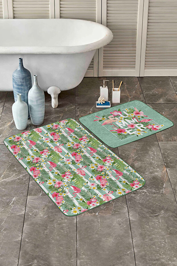Pink Flamingo and Green Leaves Tropical Patterned 2-Piece Non-Slip Base Washable Bath Mat Set