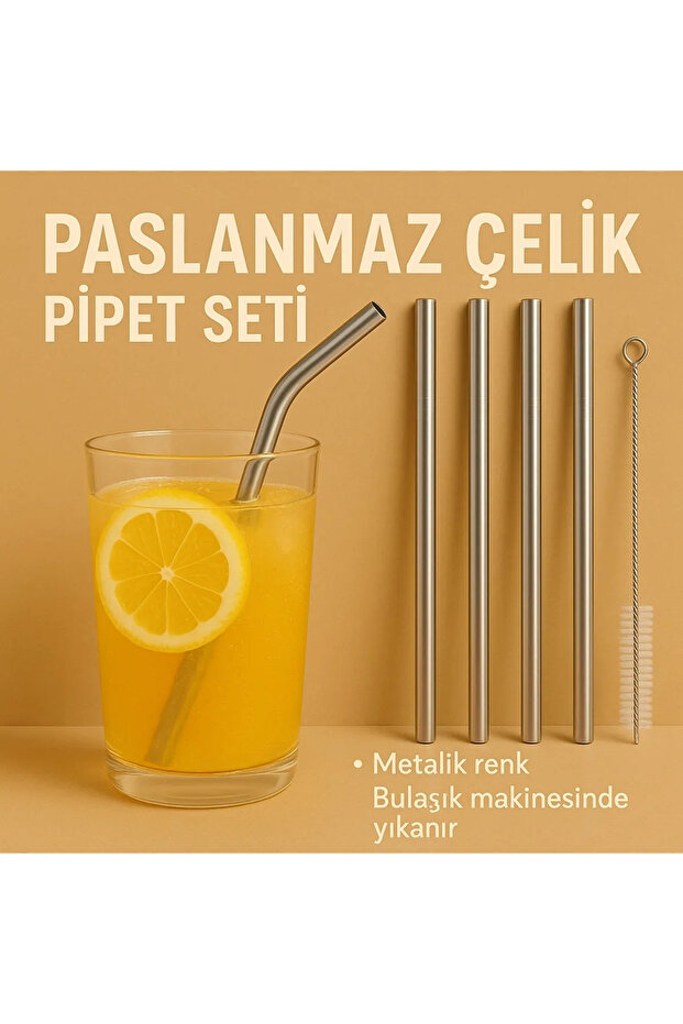 Çelik Pipet Paslanmaz Çelik Metal Meşrubat Pipeti Ve Pipet Temizleme Fırçası Seti 5 Parça - 5