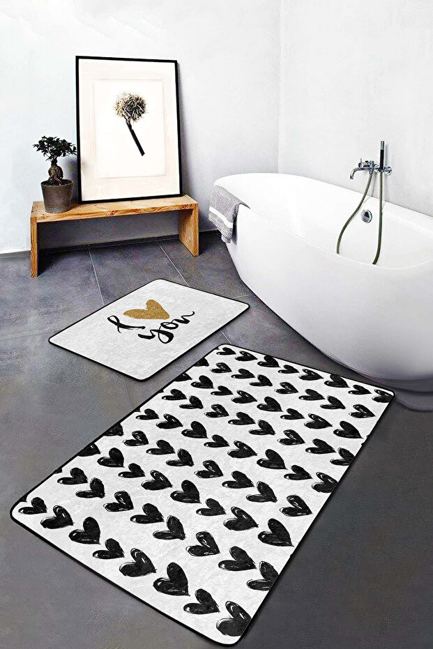 Black Hearts and Gold Heart Written Patterned Set of 2 Non-Slip Base Washable Bath Mat Set
