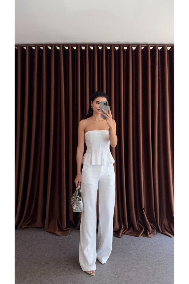 Contrast Stitched White Blouse-Pants Linen Suit