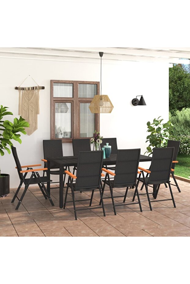 9 Piece Garden Dining Set Black and Brown