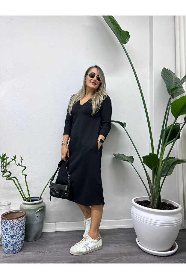 V yaka çelik örme elbise - 3