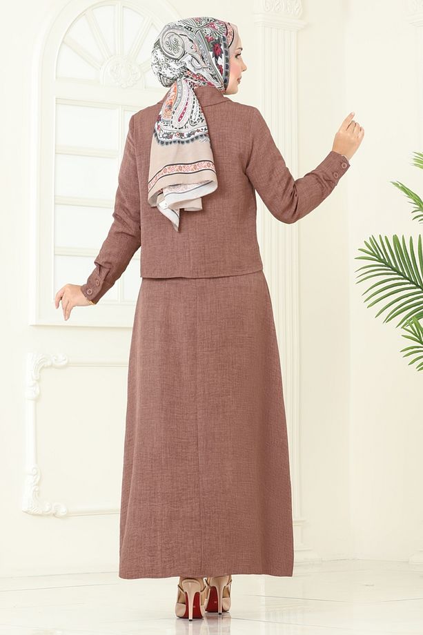 Gömlek Detaylı Elbise Takım PL9157 Kahve - 6