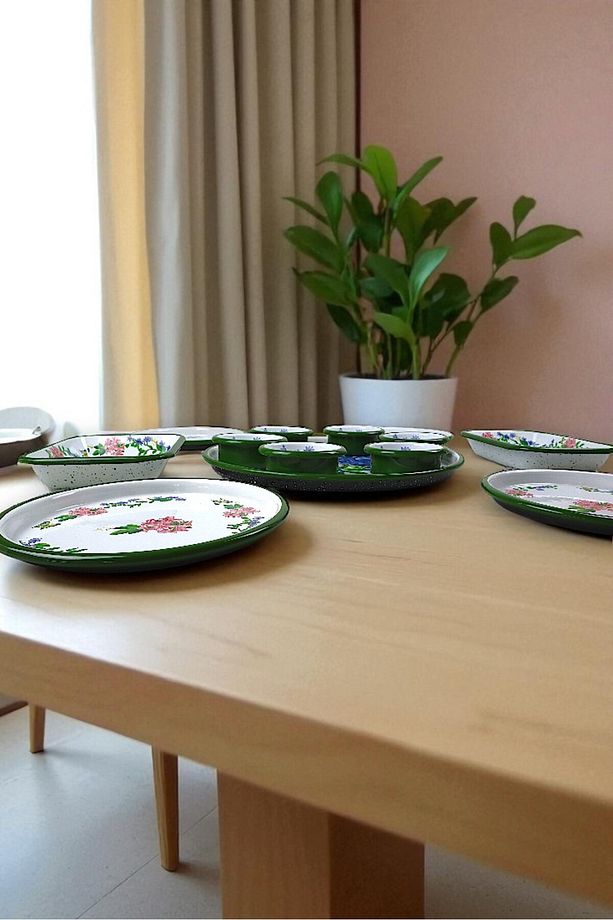 4 Kişilik Orta Boy Desenli Emaye Kahvaltı Seti,Sunum,Kahvaltı Tabağı, Reçellik,Zeytin, Peynir Tabağı - 7