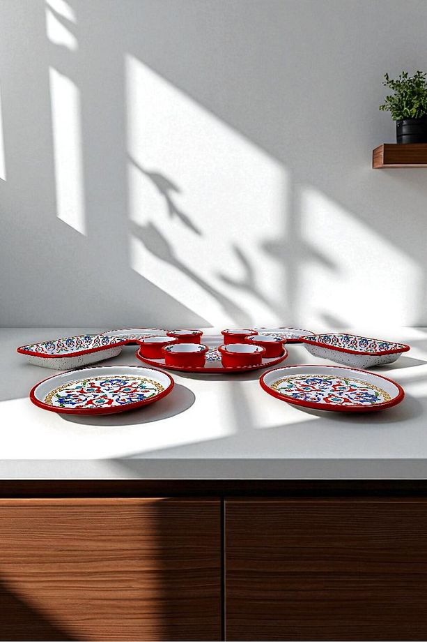 4 Kişilik Orta Boy Desenli Emaye Kahvaltı Seti,Sunum,Kahvaltı Tabağı, Reçellik,Zeytin, Peynir Tabağı - 3