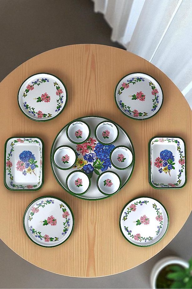 4 Kişilik Orta Boy Desenli Emaye Kahvaltı Seti,Sunum,Kahvaltı Tabağı, Reçellik,Zeytin, Peynir Tabağı - 8