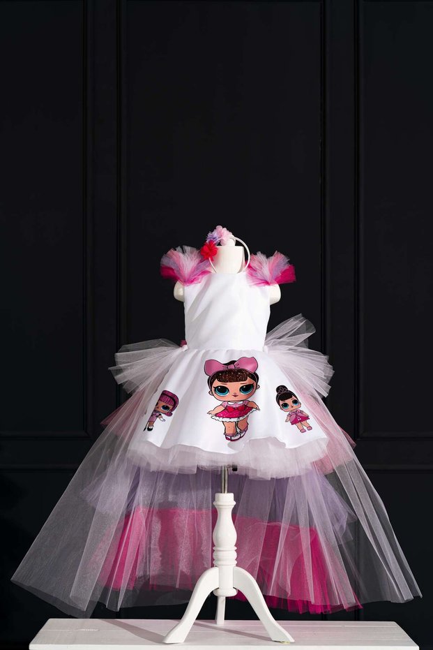 Girl's Lol Doll Skirt Printed White Birthday Dress & Party Costume Crown Gift!! !