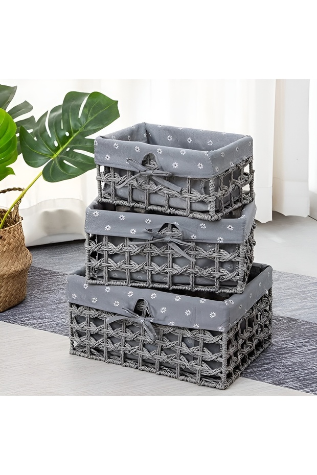 Set of 3 Woven Storage Baskets Rectangular Woven Bins with Plastic Frame, Removable Fabric Lining