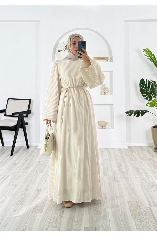 PİLİSELİ VRN POLYESTER KUMAŞ ASTARLI -BALON KOL HAKIM YAKA KEMERLİ ELBİSE - 9