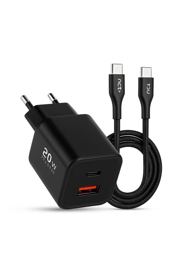 Plus 20W PD QC 3.0 Hızlı Şarj Aleti + Type-C to Type-C Kablo | Çift Çıkışlı Adaptör - 1