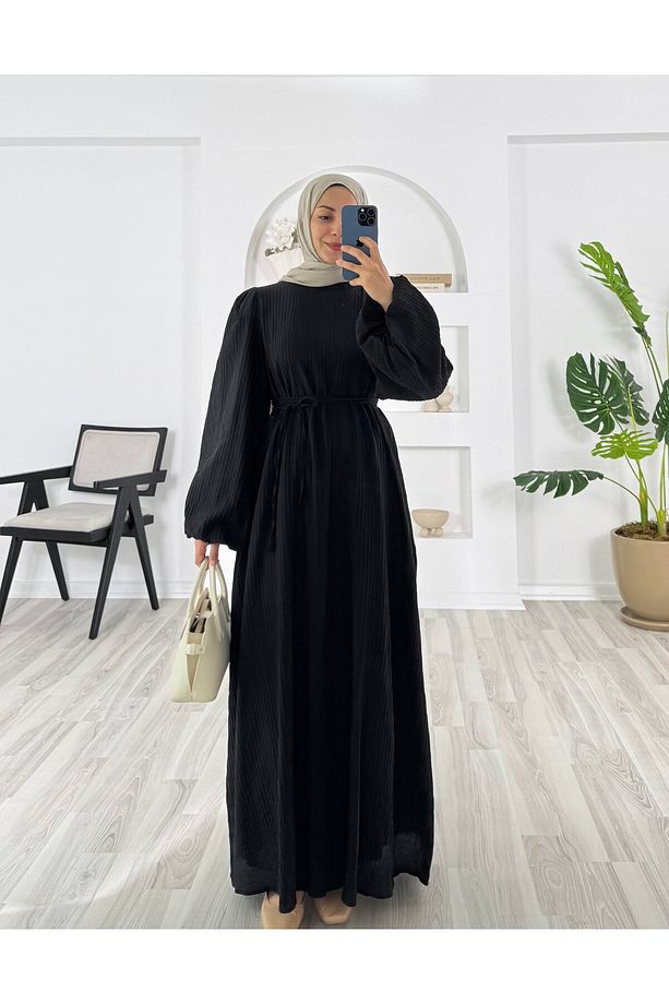 PİLİSELİ VRN POLYESTER KUMAŞ ASTARLI -BALON KOL HAKIM YAKA KEMERLİ ELBİSE - 5