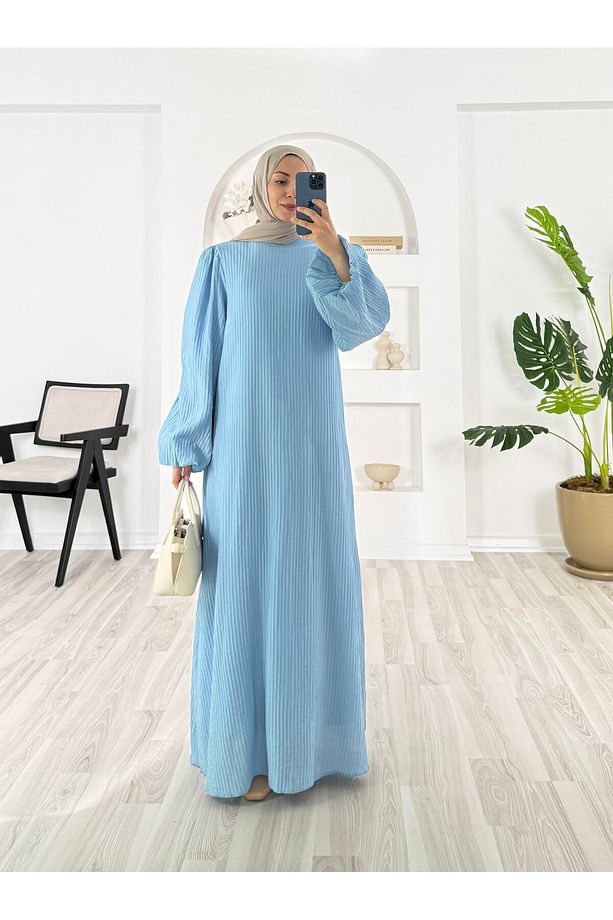 PİLİSELİ VRN POLYESTER KUMAŞ ASTARLI -BALON KOL HAKIM YAKA KEMERLİ ELBİSE - 6