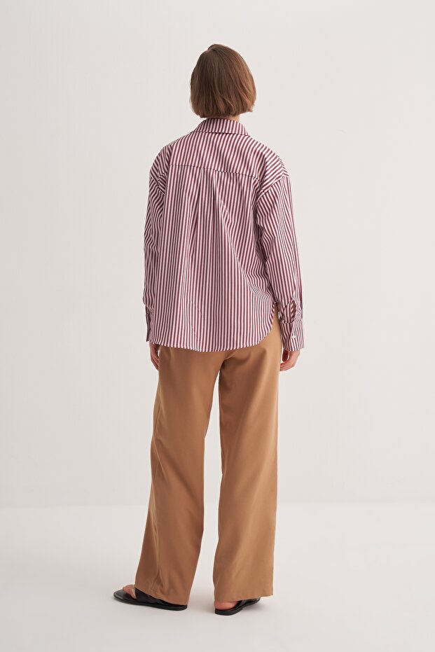 Kadın Poplin Basic Gömlek Çizgili Bordo - 3