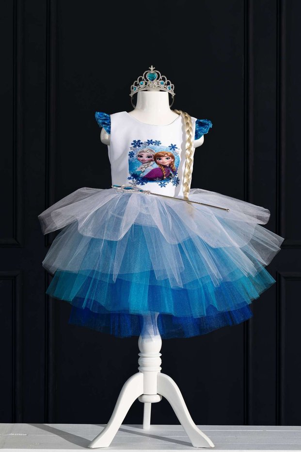 Girl's Princess Anna Elsa Printed White Birthday Dress & Party Costume with Crown Scepter Hair Gift!! !