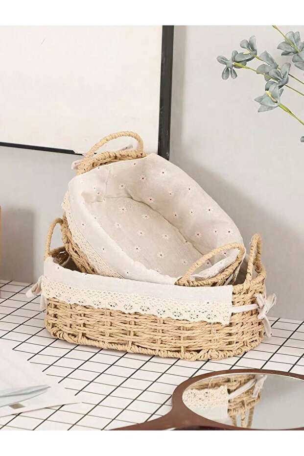 Set of 2 Woven Baskets with Handles Storage Bins with Sturdy Plastic Frame, Removable Fabric Liners - 3