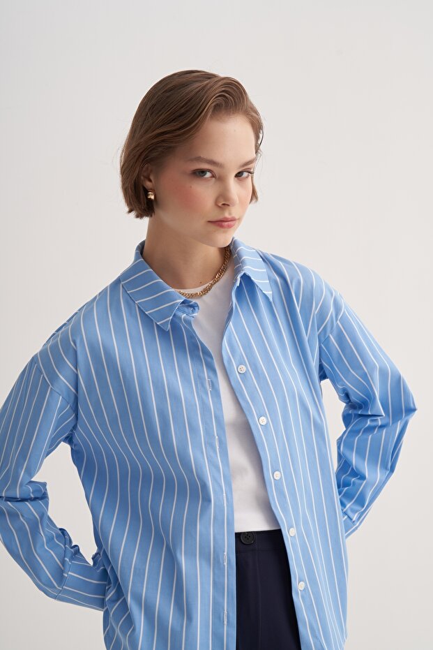 Kadın Poplin Basic Gömlek Çizgili Mavi - 2