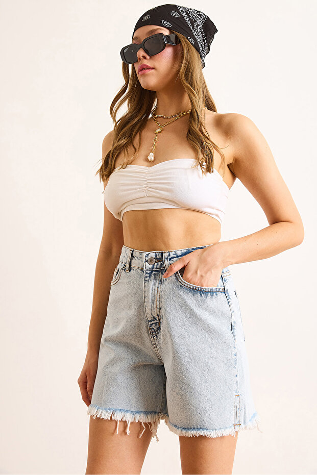 Women's Light Blue Side Slit Detailed Tasseled Denim Shorts Shrt-19000069