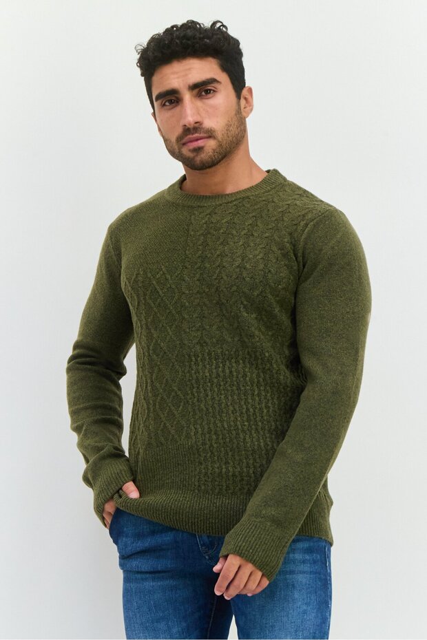 Men Crew Neck Knitted Sweater, Heather Olive