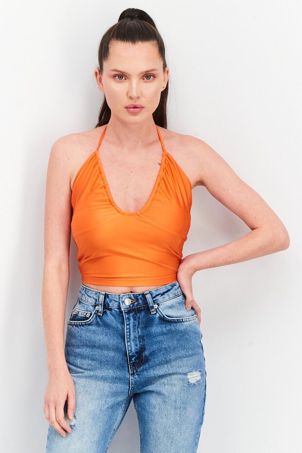 Women V Neck Sleeveless Plain Crop Top, Orange