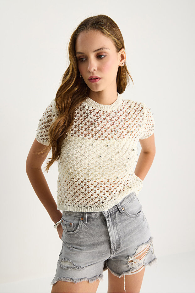 Kadın Kısa Kollu Ajurlu Taşlı Triko Bluz 20246154 - 2