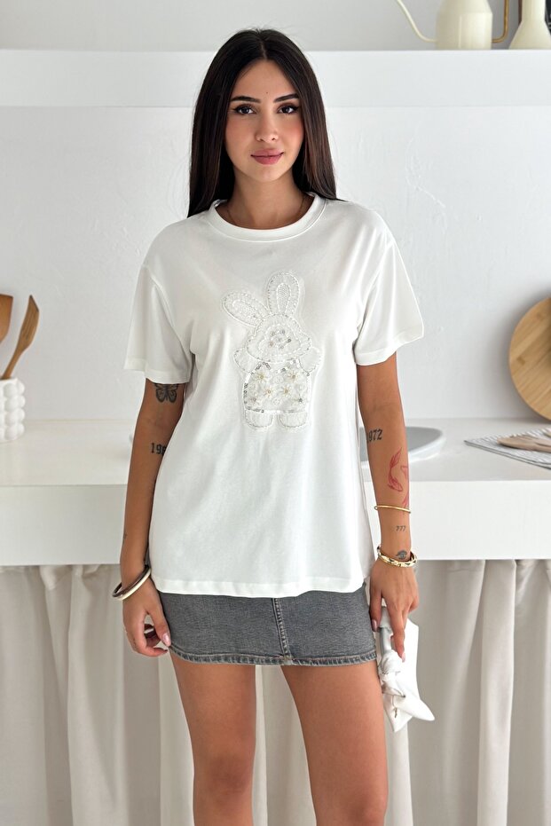 Women's White Rabbit Pattern Bead Embroidered 100% Cotton T-Shirt