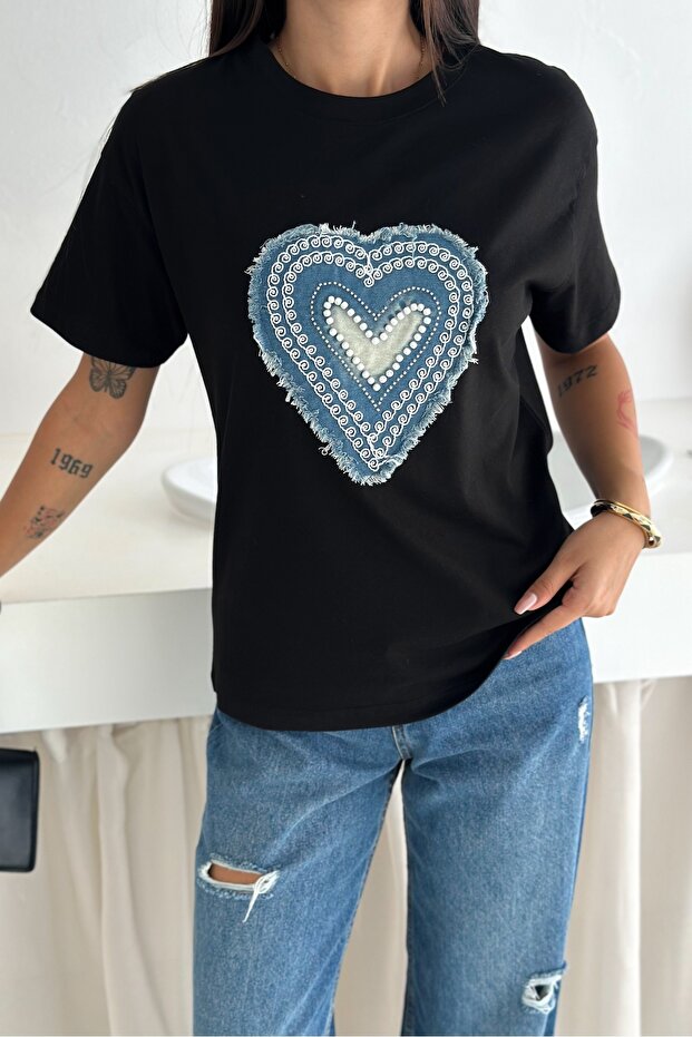 Women's Black Heart Pattern Bead Embroidered Denim Detailed 100% Cotton T-Shirt