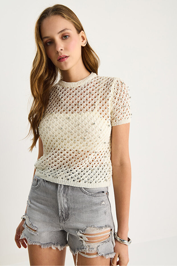 Kadın Kısa Kollu Ajurlu Taşlı Triko Bluz 20246154 - 3