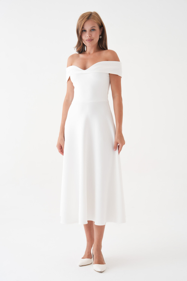 White Stretchy Scuba Fabric Strapless Neckline Flared Cut Midi Dress 77128