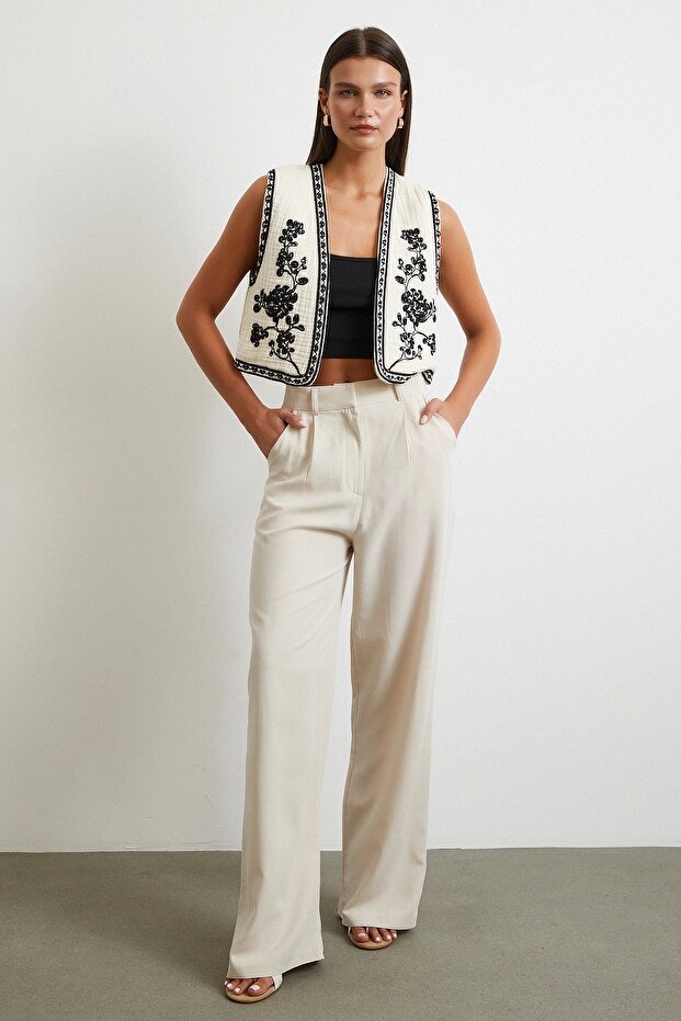 Nakışlı Oversize Yelek Krem - 2