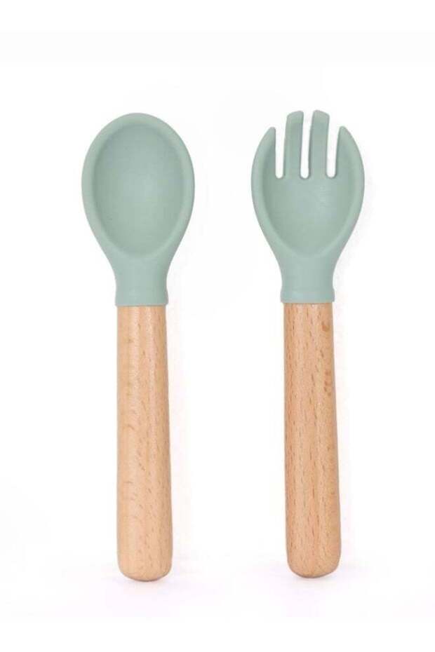 Wooden Baby Spoon & Fork Set – Blue, Soft Grip Silicone Handles, Eco-Friendly & Safe