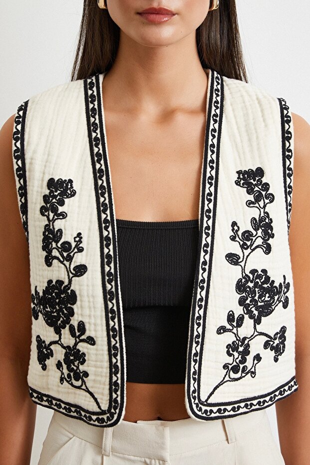 Nakışlı Oversize Yelek Krem - 5