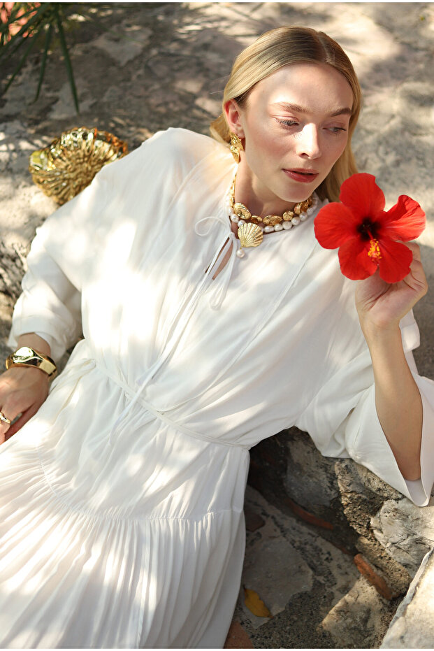 Dökümlü Uzun Elbise Ekru - 6