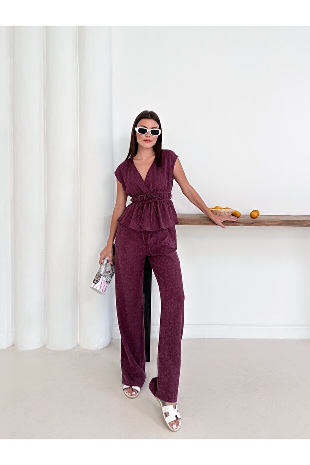Women's Burgundy Waist Drawstring and Lace Detailed Blouse Pants Set