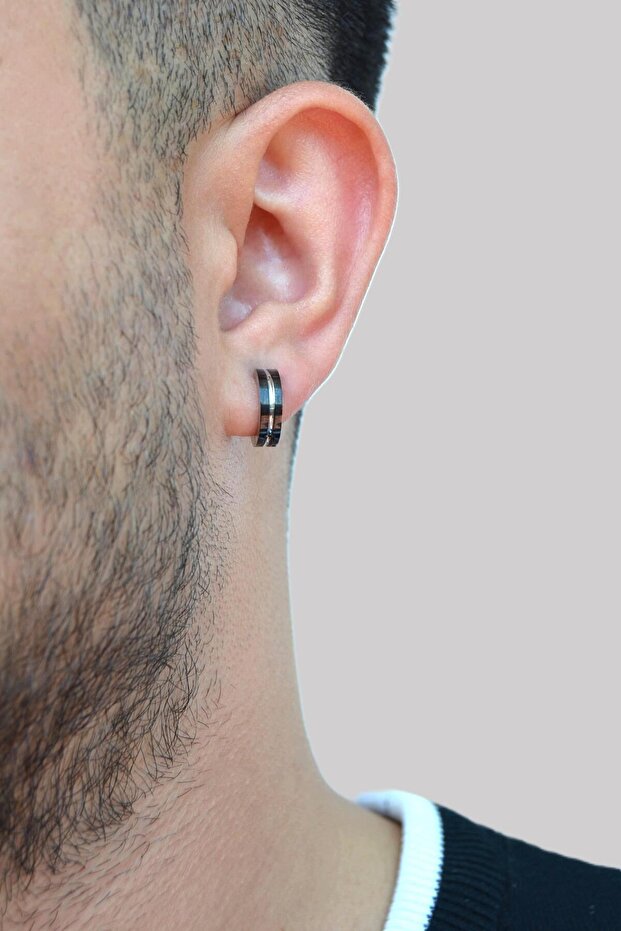 Black Gray Men's Compression Steel Hoop Earrings